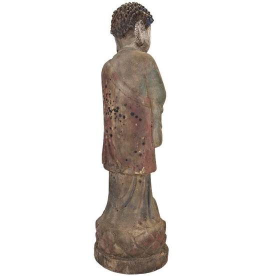 Statue de Bouddha chinoise en bois avec polychromie originale et restes de dorure. – Sculptures, Wood (photo 4 of 17)