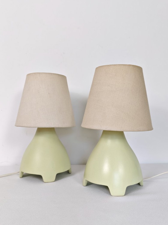 Coppia di Lampade da Tavolo Vintage Y2K IKEA, Ceramica Verde Pastello, Lampade da Comodino Postmoderne Anni (photo 4 of 10)