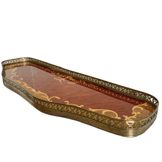 Videoregistratore vintage italiano, tavolino a mezzaluna da parete con intarsi in legno e ottone, anni '50 (photo 6 of 13)