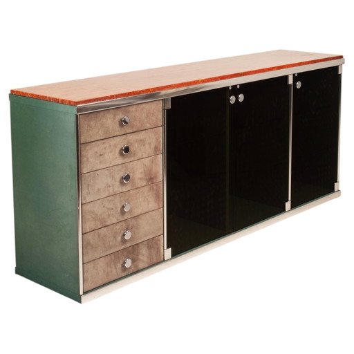 Credenza Astro in marmo e pelle di Guido Faleschini per i4 Mariani 1979