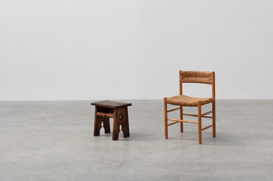 Image 1 of Neo Gotische massief eikenhouten rechthoekig gesneden kruk, Frankrijk ca. 1900