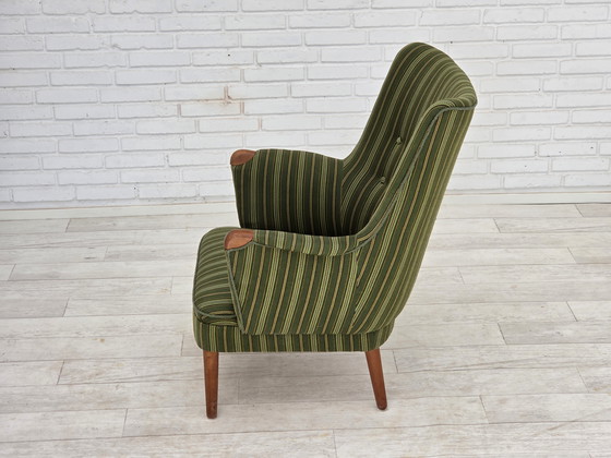 Image 1 of 1960er Jahre Dänischer Sessel, Grüne Möbelwolle, Teakholz