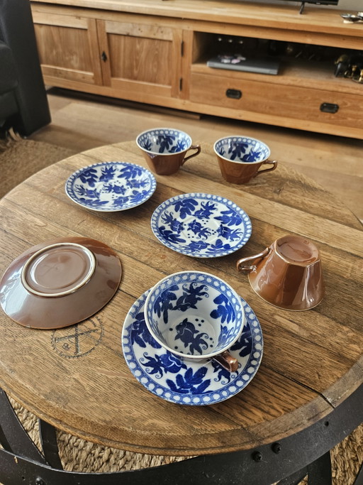 Antikes Tassen- und Untertassenset – Japanisches Batavia-Braun / Kapuziner (Koi-Karpfen) – Neuwertig!