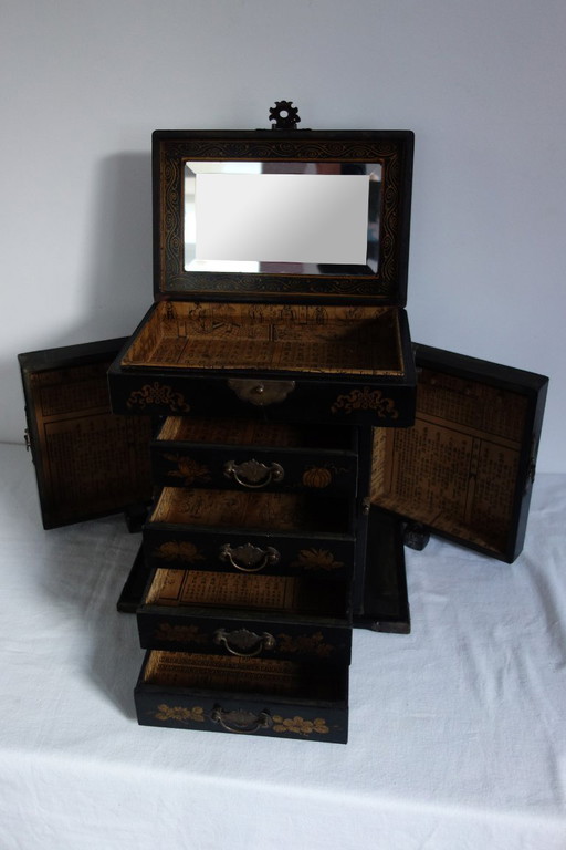Jewelry box cabinet with mirror, antique, mid-20th century