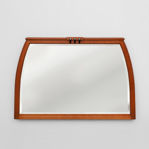 Rare miroir de cheminée en chêne Art Nouveau par Geo Vervanck avec miroir à facettes, années 1920