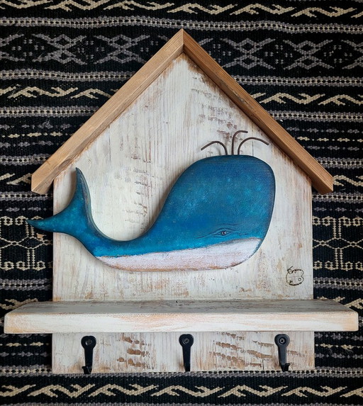 Monika Rygas - Sculpture, Blue Whale - Key/Coat Hanger - 36 Cm - Wood - 2023