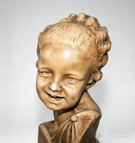 Buste d'un Enfant Rieur, Couleurs Terre Cuite, Sculptures, Céramique, Marron (photo 7 sur 7)