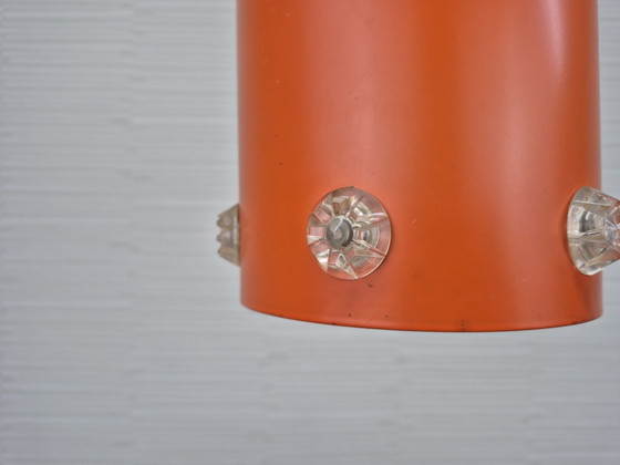 Vintage Space Age orange cylinder Pendant lamp. – Metal, Plastic (photo 3 of 9)