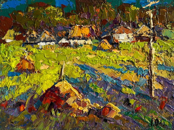 Image 1 of Original Oil Painting Summer Field Landscape Sunny day in the village