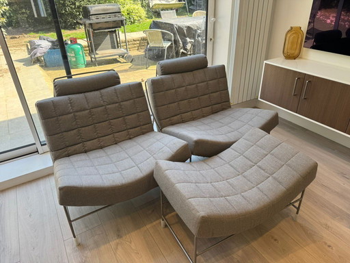 Two Beautiful Leolux Volare Chairs and Foot Stool