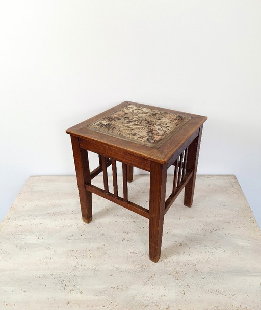 Vintage Wooden Side Chair with Tapestry Top / Mid Century Small Accent Stool from 1960s 1970s / Rustic Plant Stand or Retro Deco