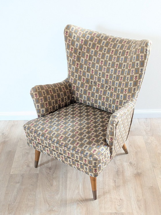 Vintage 1950s Belgian Wingback Armchair – Original Graphic Upholstery & Compass Legs – Brass, Wood (photo 5 of 12)