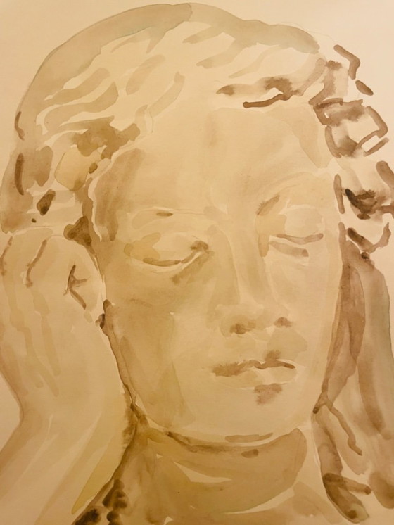 Image 1 of Retrato de una mujer en acuarela sepia monocromática, "pensamiento".