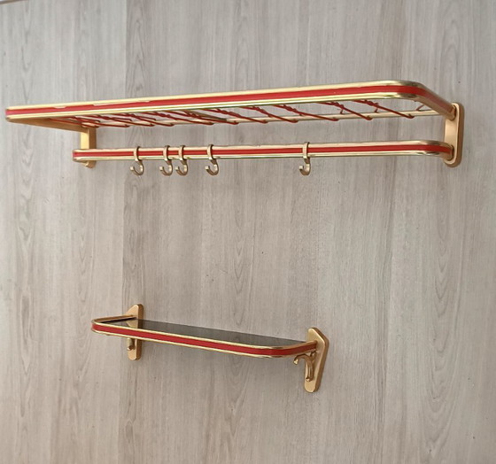 Image 1 of Fifties string coat rack with matching shelf.