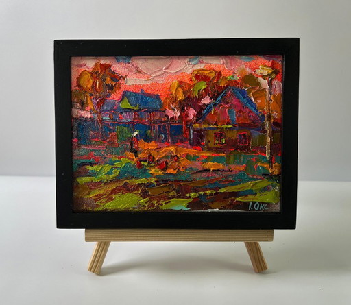 Original-Ölgemälde Ländliche Sonnenuntergangslandschaft Rosa Dorf Abend – schilderijen tekeningen, Canvas
