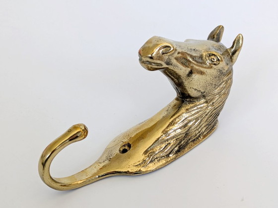 Image 1 of Set of 3 Vintage Brass Horse Head Wall Hooks Equestrian Heritage Accent