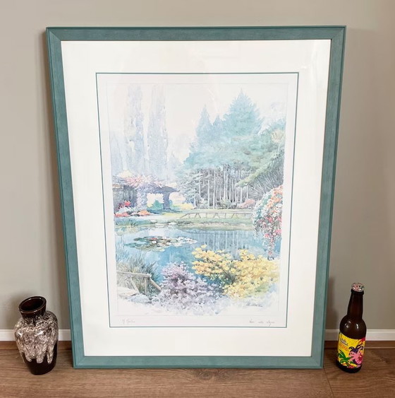 Image 1 of Peinture encadrée à l'aquarelle turquoise représentant un étang, par M. Marten