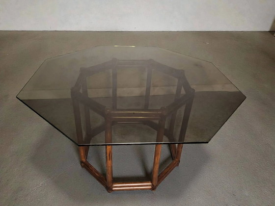 Bamboo-style wooden table with smoked glass top, 1970s – Dining tables (photo 2 of 8)