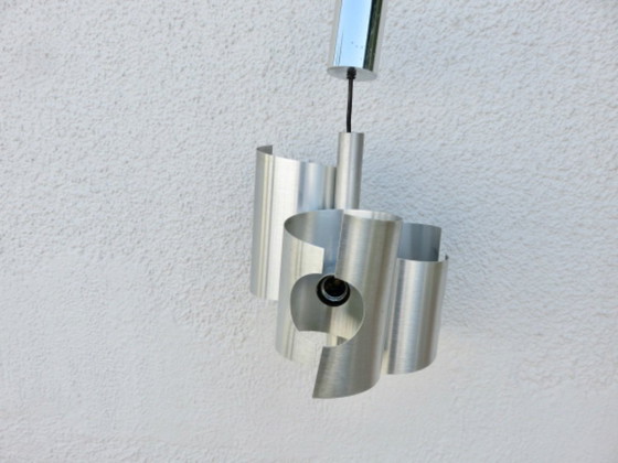 Image 1 of UFO-Hängeleuchte im Weltraumzeitalter-Stil, Rockabilly-Stil, gebürsteter Stahl, 1970