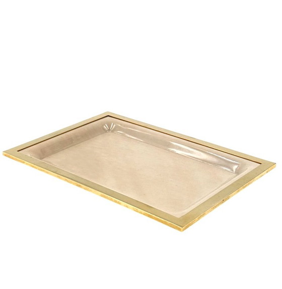 Plateau en lucite couleur crème Hollywood Regency, Italie années 1970, Objets déco, Laiton, Verre, Doré (photo 11 sur 11)