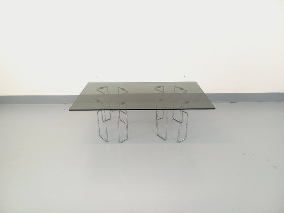 Image 1 of Vintage Space Age rectangular coffee table in smoked glass and chrome metal from the 1970s