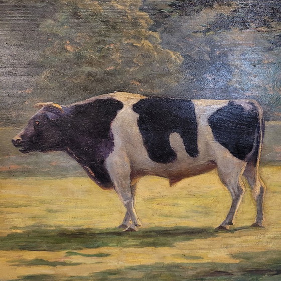 Image 1 of Oil on panel “cow”, Roger Griboval, Rouen School, 1980s – France