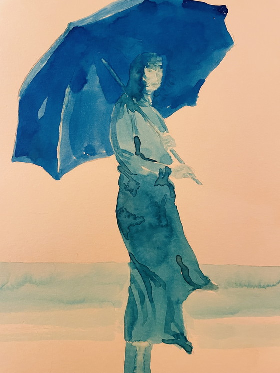 Image 1 of Gesigneerd schilderij blauw aquarel vrouwenportret "weekend in Honfleur".