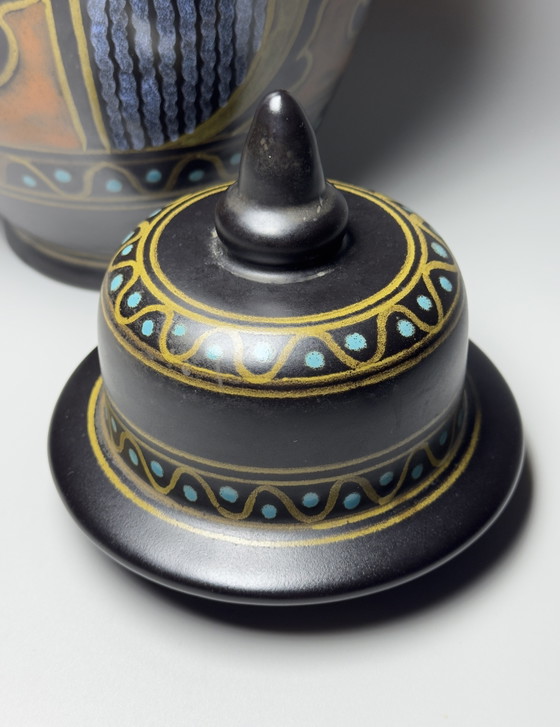 Image 1 of Royal Plateel Zuid-Holland “Lotea” Hand-Painted Lidded Vase
Gouda, The Netherlands, circa 1920s–1930s