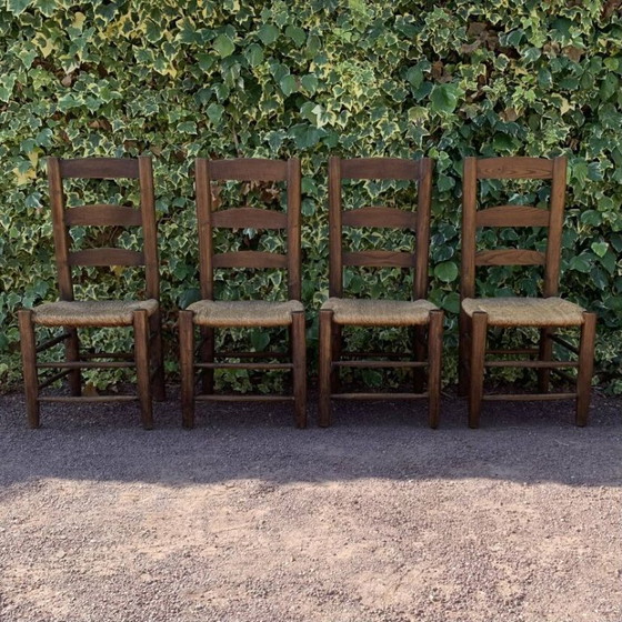 Image 1 of Ensemble de 4 chaises paillées artisanales en chêne massif