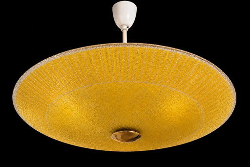 Vintage Mid-Century Glazen Plafondlamp met Witte Stang (3 Lichtpunten) — DDR / Space Age