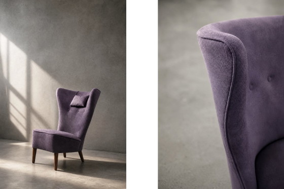Image 1 of Vintage Scandinavisch-moderne fauteuil met hoge rugleuning, eikenhout en paarse stof, jaren 1950.