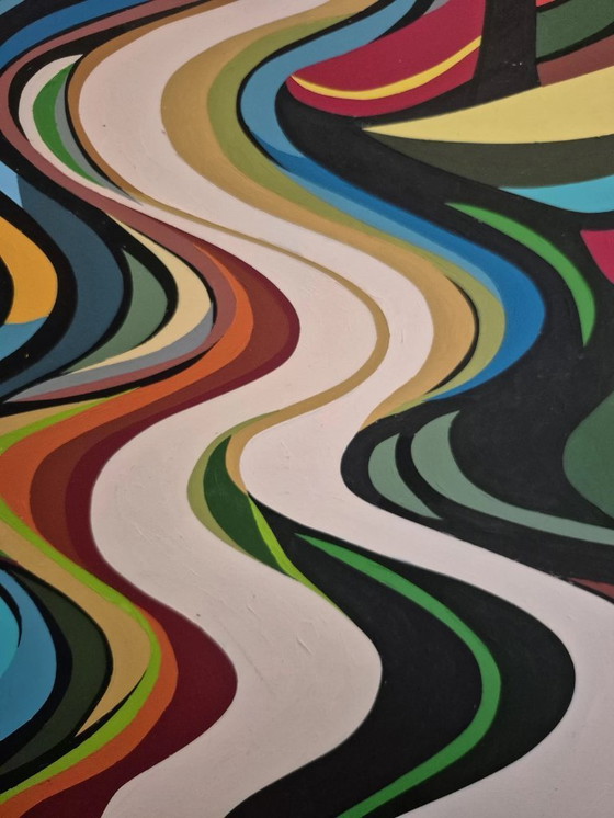 Image 1 of Colorful abstract forest landscape - 'Behind the Trees' by Franklin van Dam - Acrylic on MDF - 95 x 95 cm