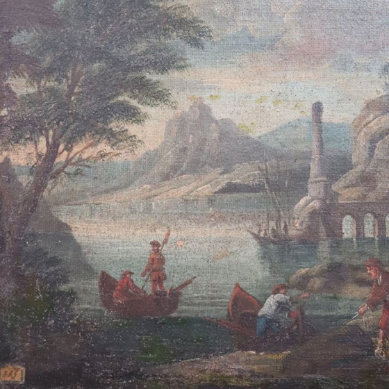 Image 1 of Paysage côtier, peinture à l'huile ancienne sur toile, Italie, XVIIIe siècle