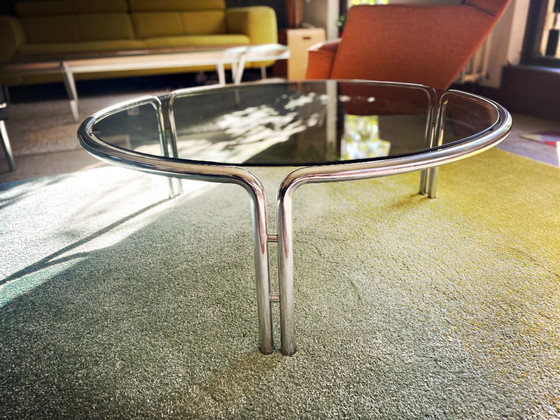 Tavolino da caffè rotondo vintage - Vetro fumé - Anni '70 - Space Age, ÅTMØS, Tavolini da caffè, Cromo, Grigio (foto 2 di 5)