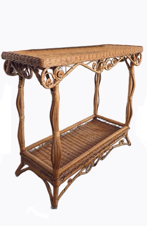 Prachtige mid century, vintage rotan Peacock sidetable uniek! – Consoles, Rattan (photo 5 of 5)