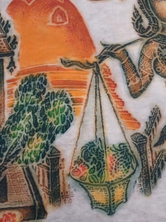Old large polychrome Thai temple art rubbing on mulberry paper, Art Prints, Wood, Multi Color (photo 6 of 15)