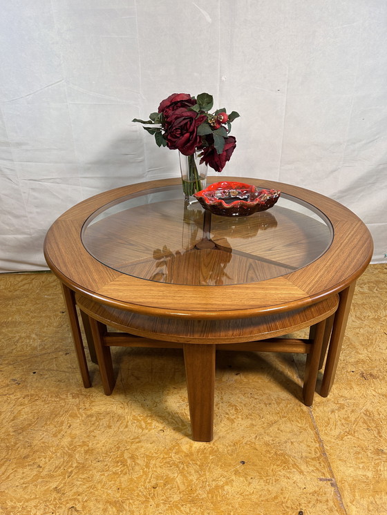 Image 1 of Mid-Century Retro Vintage Teak Round Coffee Table with 3 Nesting Side Tables by G Plan – 1960 Elegant Design | Functional Versa
