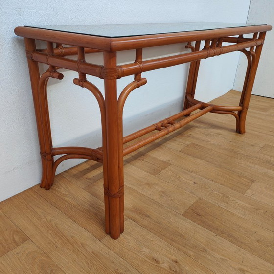 Image 1 of Vintage Rattan Side Table with Glass Top
