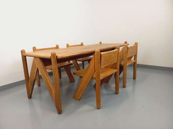 Image 1 of Exceptional suite of a large rectangular table and 4 vintage Brutalist chairs in solid oak from the 60s