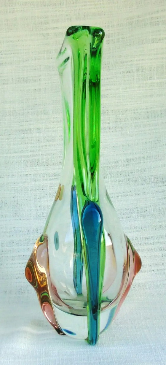 Image 1 of Vintage František Zemek Rhapsody Bohemian Crystal Vase, Czech Sommerso Art Glass, Original Label, Mid-Century Design
