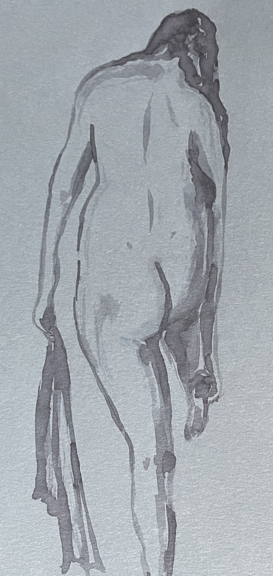 Image 1 of Ritratto femminile acquerello monocromatico su carta denim