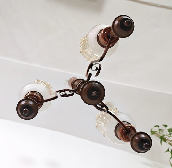 Image 1 of Vintage Amber Glass Chandelier / 1970s Yugoslavia Pendant Light / Mid Century Modern Ceiling Lamp / Wood & Copper Lighting 