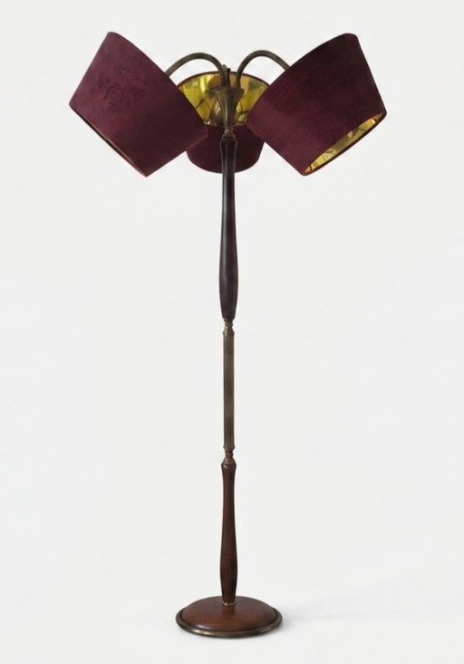 Lampadaire de style mid-century avec abat-jour en velours – vloerlampen, Velvet, Wood (photo 2 of 8)