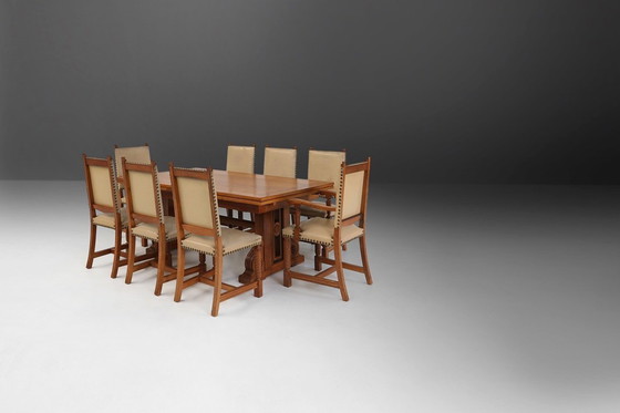 Image 1 of Art-Deco-Esszimmerstühle aus Eiche und Leder, 1940er Jahre, 8er-Set