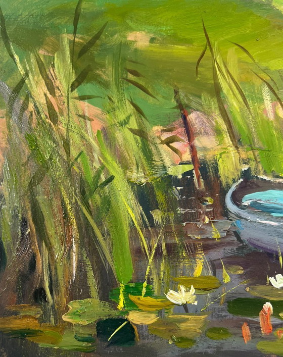 Image 1 of Peinture à l'huile originale représentant un paysage côtier estival et un village avec un ferry.