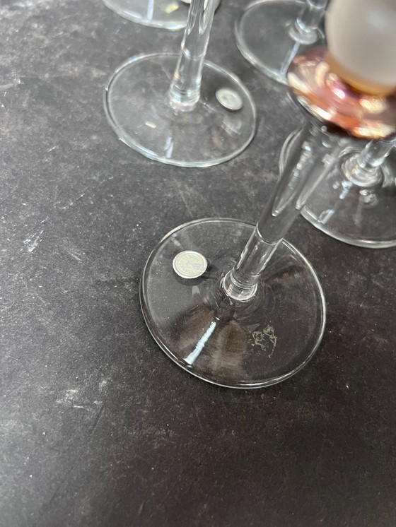 Image 1 of set of 6 champagne glasses clear with gold and dinner glass