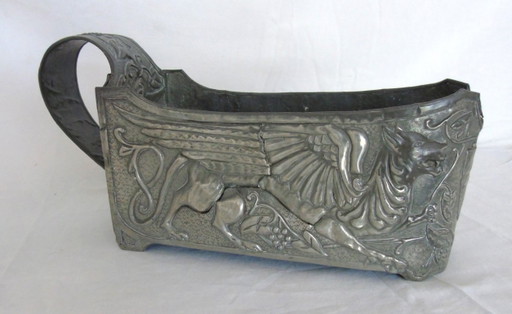 Vintage French Art Nouveau Pewter Griffin Wine Bottle Holder, Embossed Gothic Bottle Cradle, Decorative French Table Centrepiece