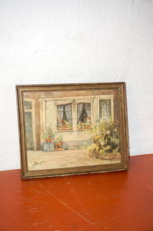 signed 1943 amsterdam watercolor * geraniums and lace curtain * vintage framed street scene * charming Dutch courtyard painting 