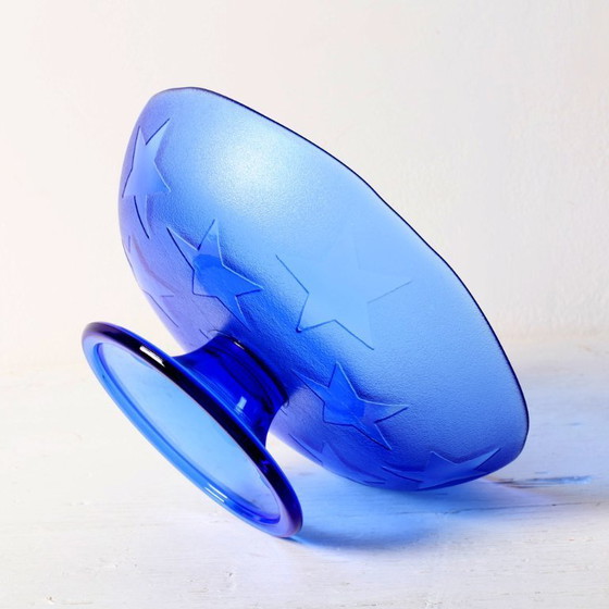 Image 1 of Blue Pressed Glass Pedestal Bowl with Stars Pattern / Italy / 2000s