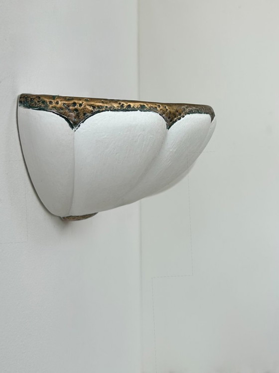 Image 1 of Pair of vintage seashell wall sconces, matte white plaster and gold details, France, 1970